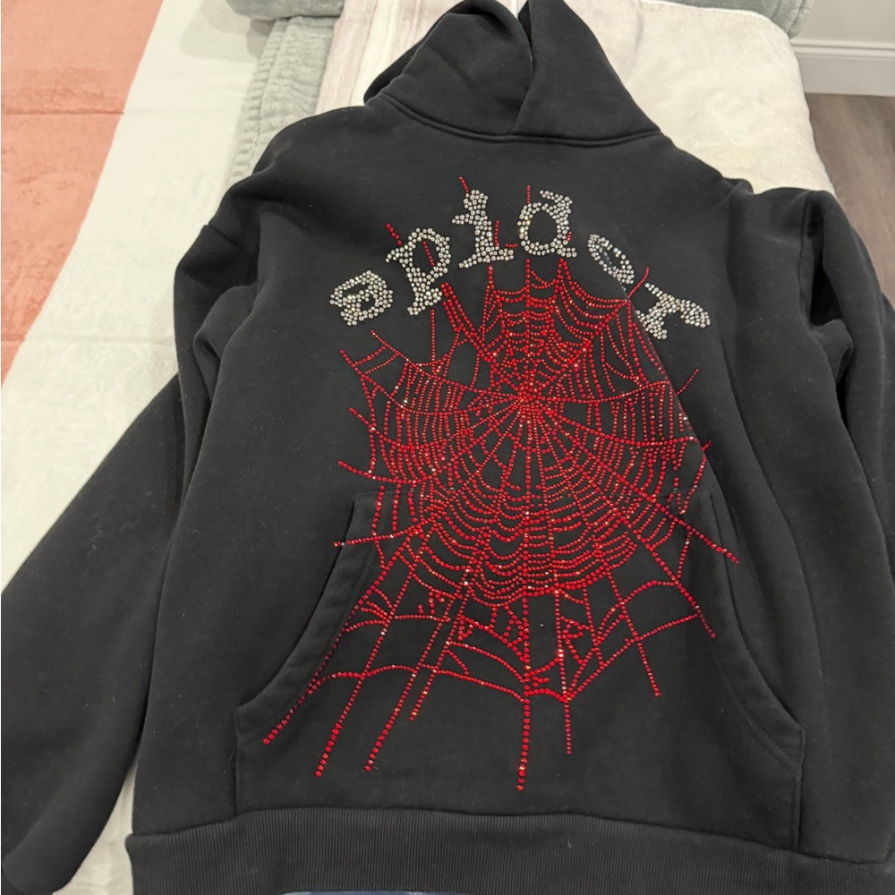 Spider Web Embellished Black Hoodie - Unbranded